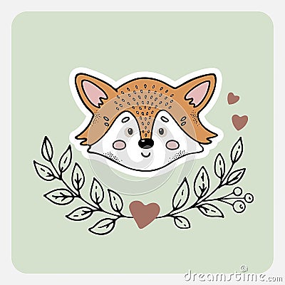 Fox. Cute funny hand drawn animal with hearts, leaves and branches. Vector Illustration